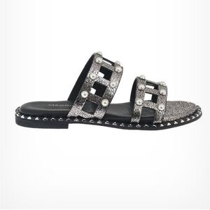 Greek Silver and Black Studded Makris Sandals Size 37